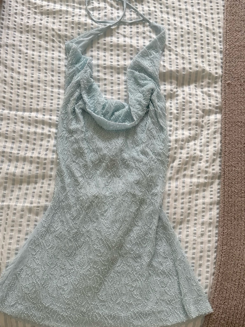 White Fox Boutique Light Blue Beaded Halter Mini Dress
